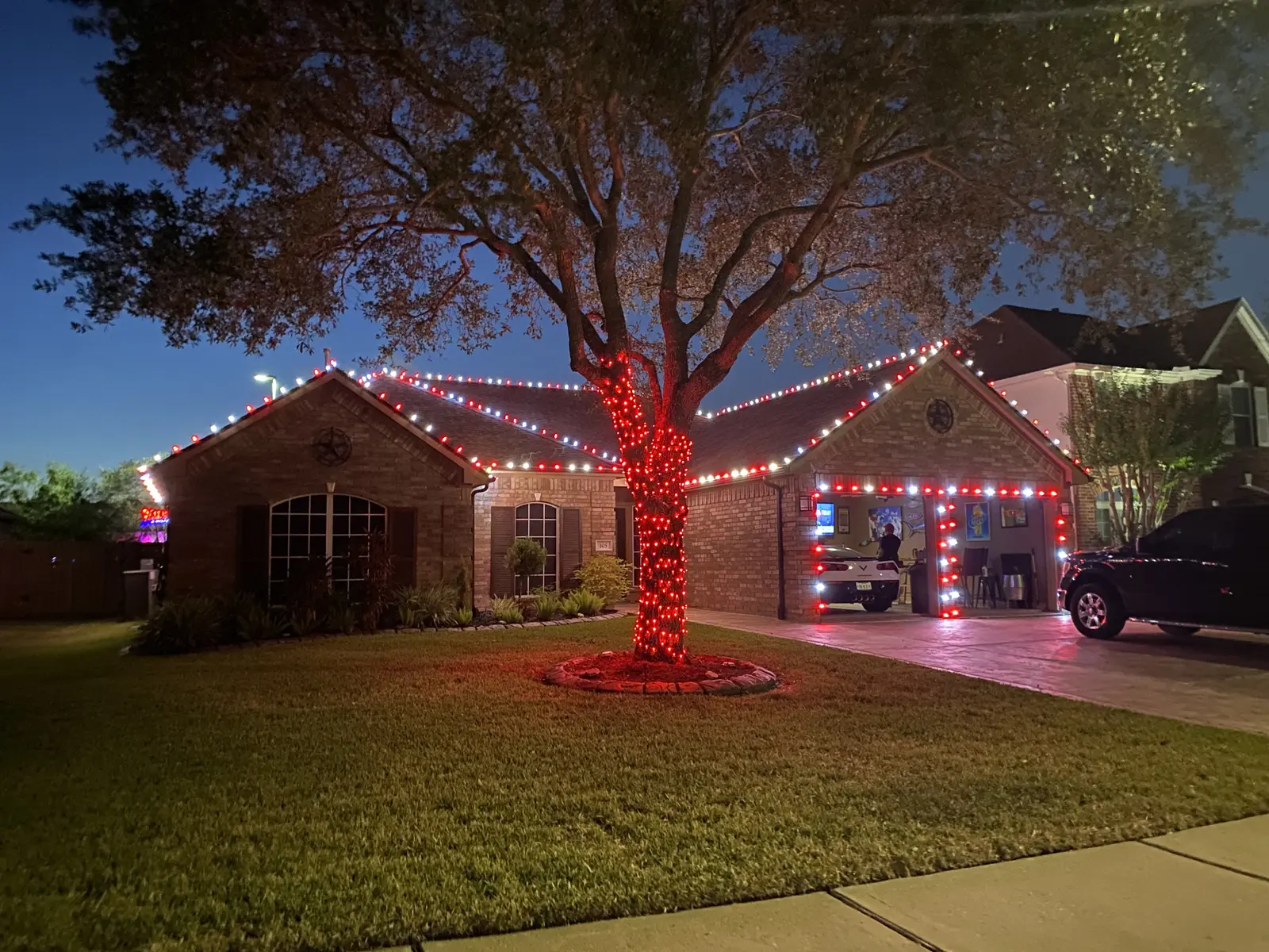 House with red and white Christmas lights on the roofline and a tree wrapped in red lights